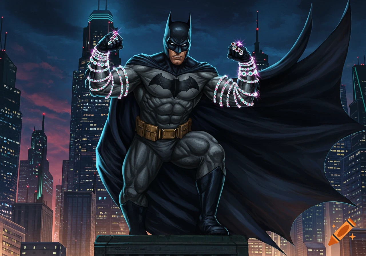 Batman in a dark cityscape, flexing his arms adorned with sparkling pink and green diamond jewelry.