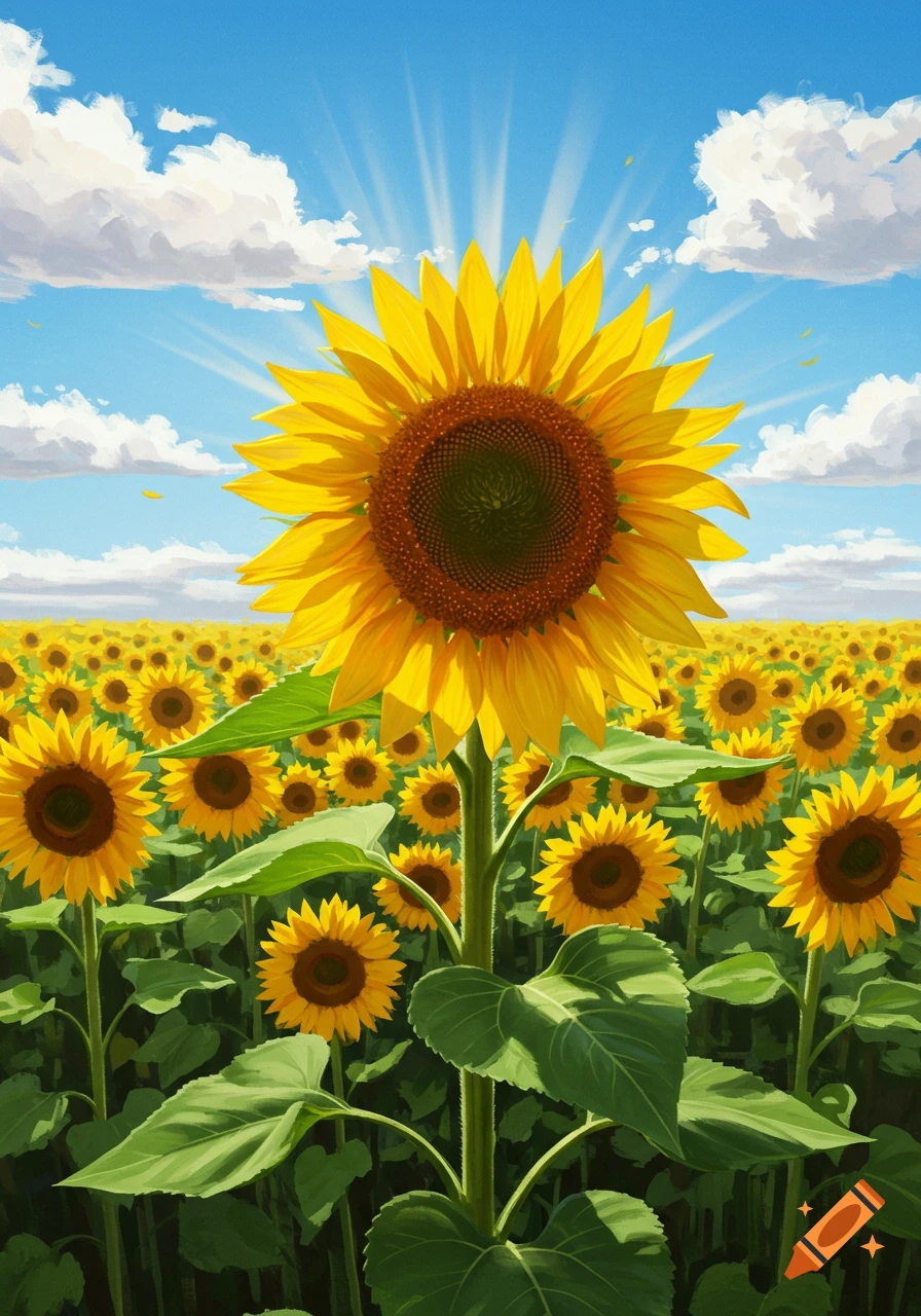 A vibrant illustrated field of yellow sunflowers under a bright blue sky with radiating sun rays.