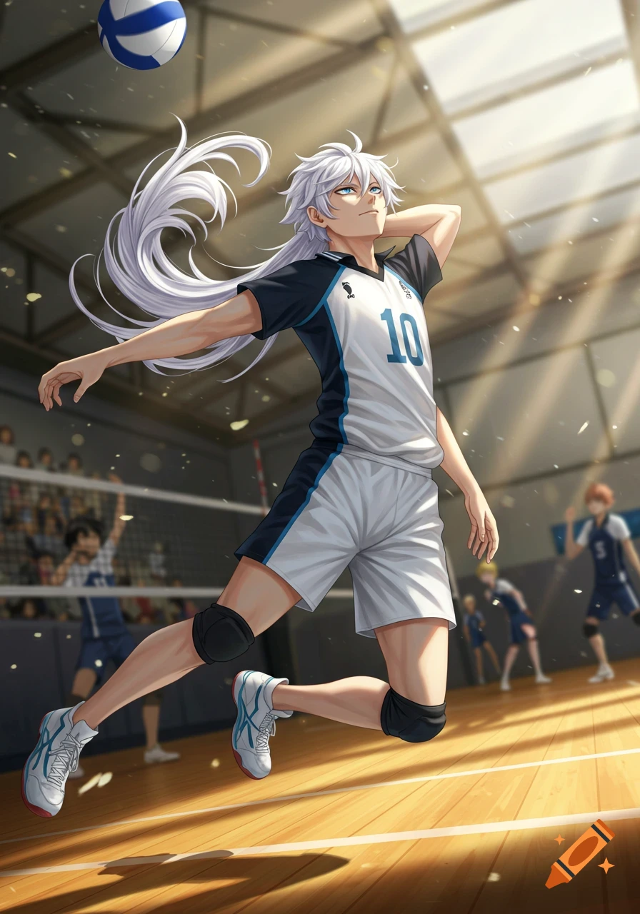 Anime-style male volleyball player with white hair and a number 10 jersey jumps to hit a ball in a sunlit gymnasium.