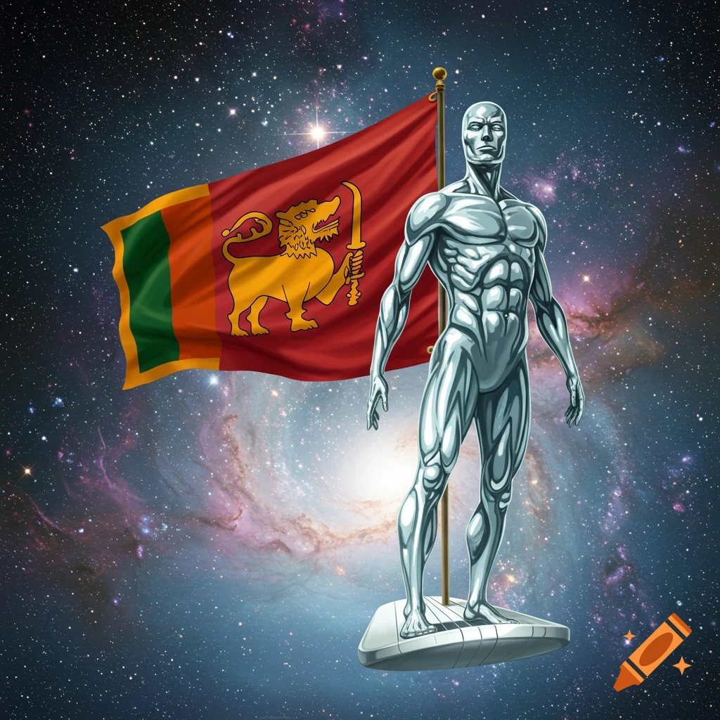 A silver humanoid figure, resembling the Silver Surfer, stands in space with a waving Sri Lankan flag in the background, surrounded by stars and a nebula.
