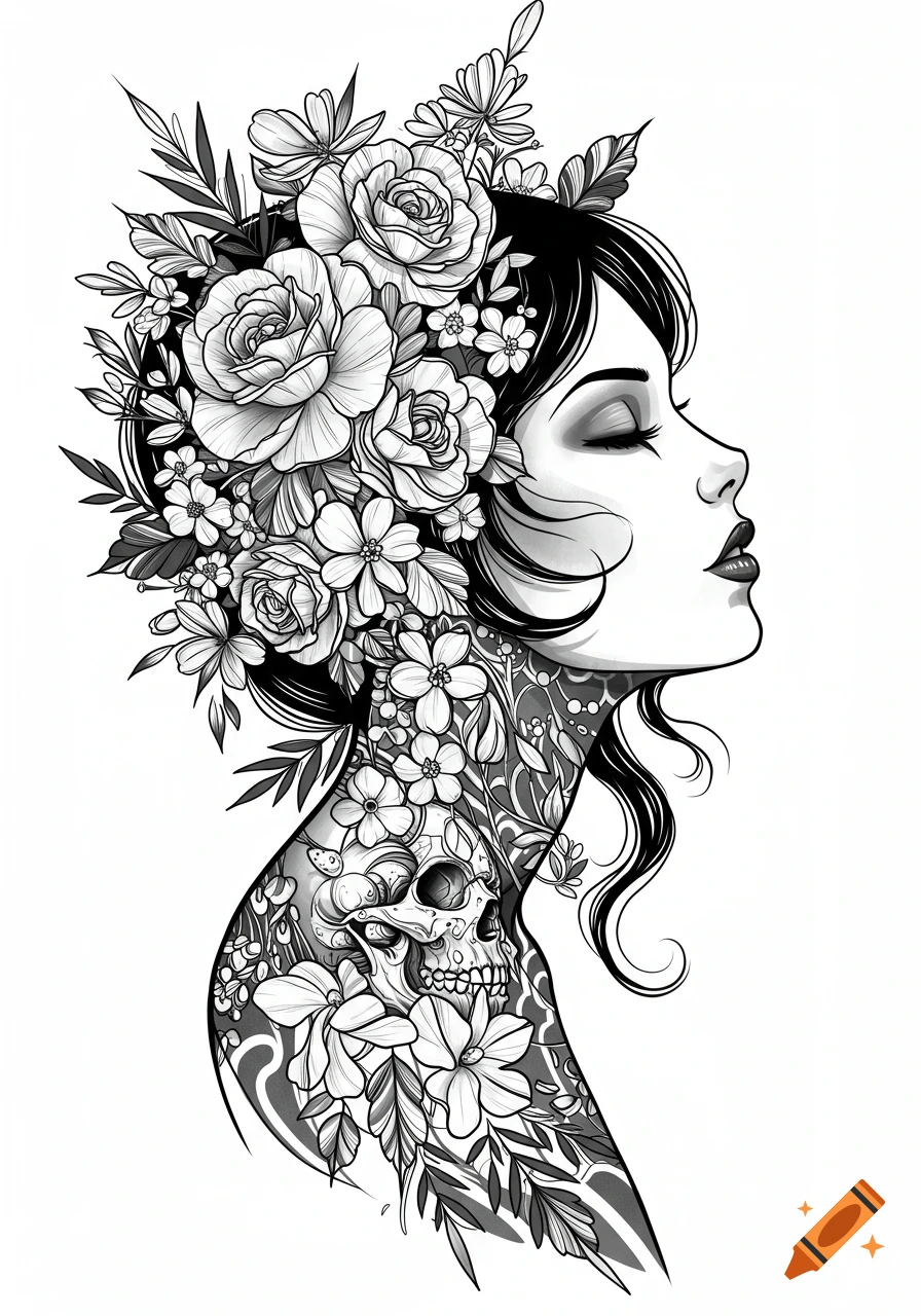 Black and white tattoo-style profile drawing of a woman with closed eyes, adorned with flowers and a skull on her neck.