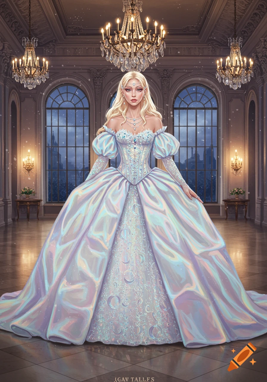 A pale blonde woman in a glittering, iridescent white ball gown with a corset bodice and tiara stands in a grand ballroom on a snowy night. Digital art.