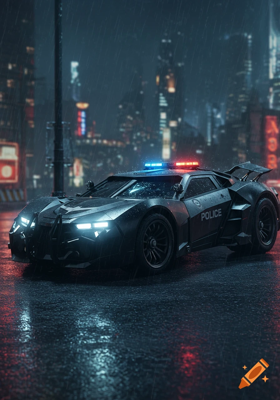 A sleek, futuristic black police car with flashing blue and red lights on a wet street in a rainy cyberpunk city at night.