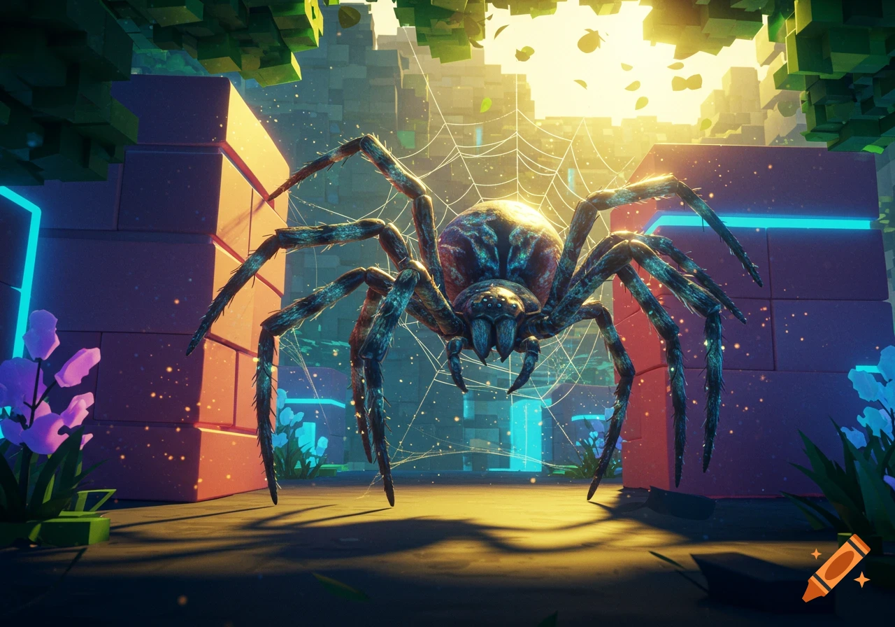 A detailed spider on a web in a blocky, sunlit fantasy world with glowing blue accents.
