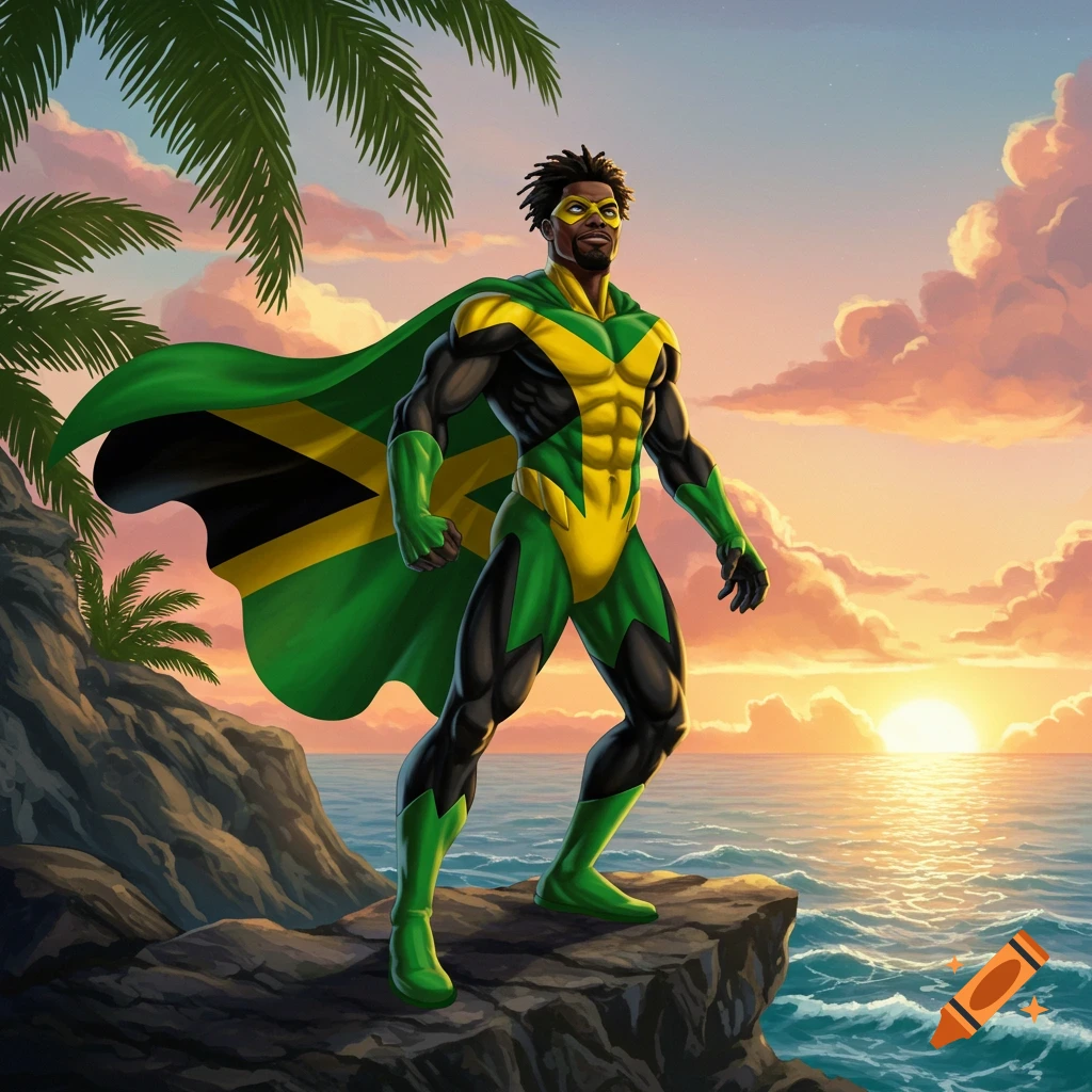 A Jamaican male superhero in a green and yellow suit with a flag cape stands on a cliff overlooking a tropical ocean at sunset.