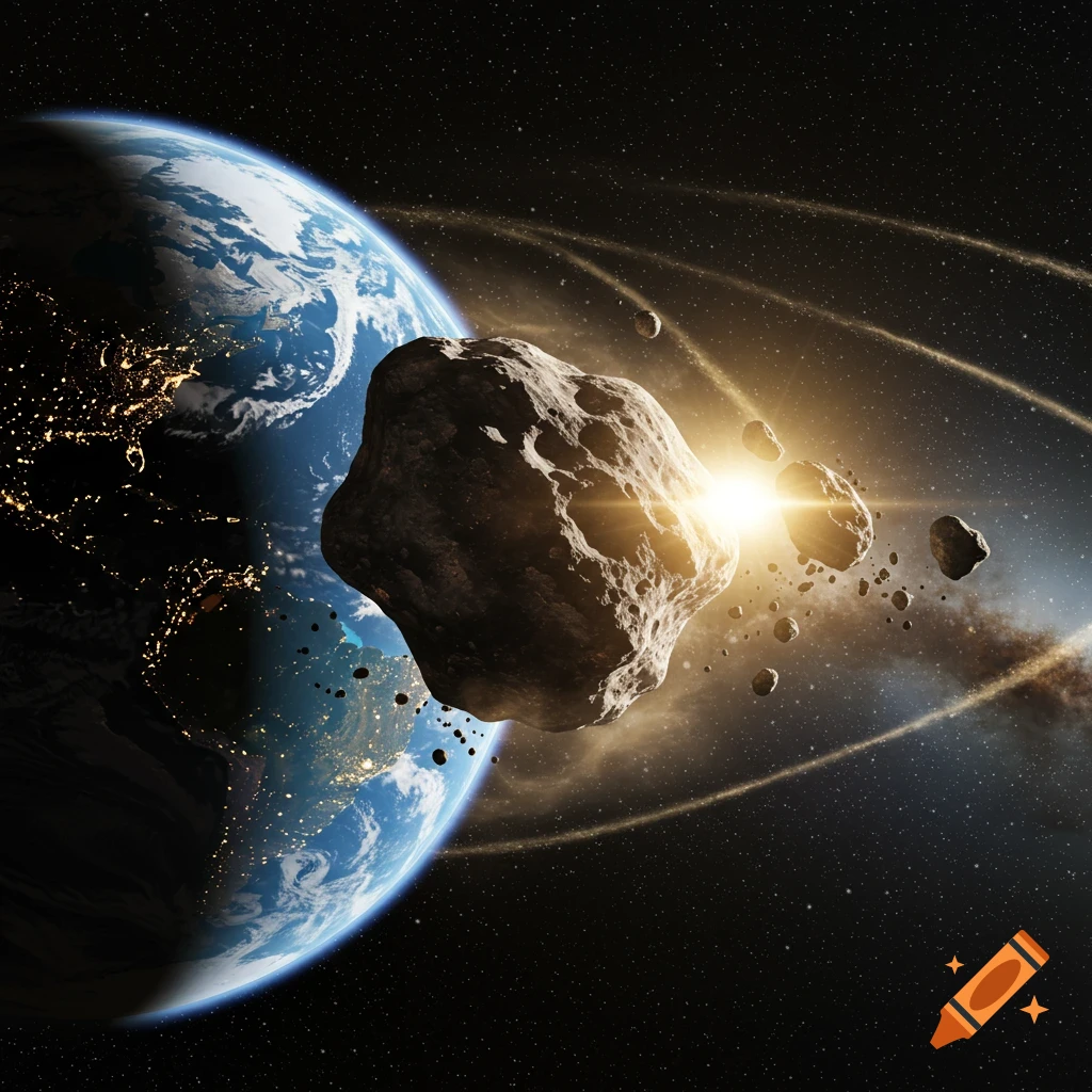 A large rocky asteroid with a bright light behind it passes closely by Earth, showing city lights on its night side.