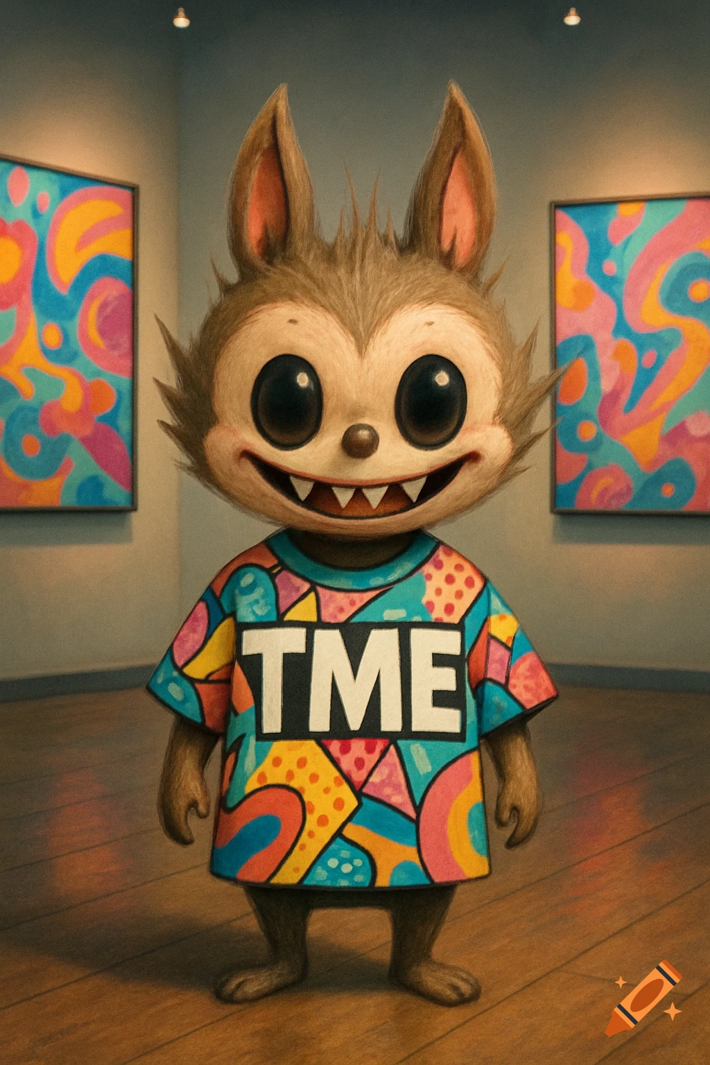 A cartoonish, big-eyed, furry creature with sharp teeth wears a colorful 'TME' shirt, standing in an art gallery with abstract paintings.