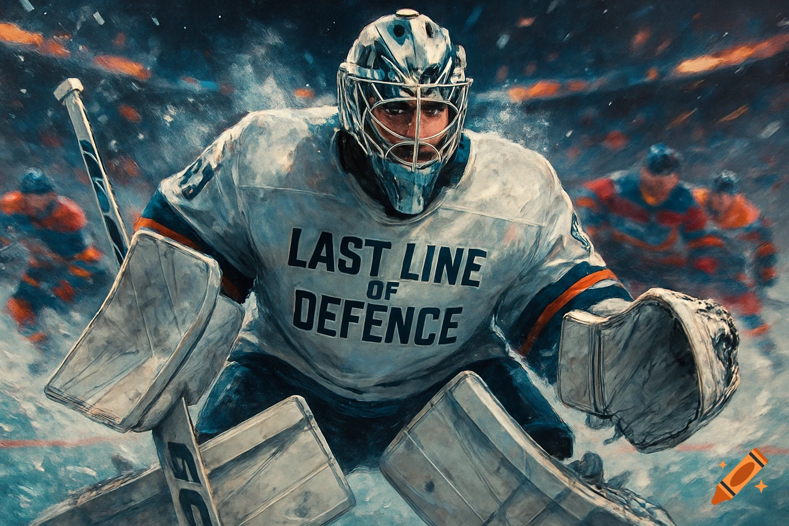 Painterly depiction of an ice hockey goalie in a white jersey with 'LAST LINE OF DEFENCE' on the front, on a busy ice rink.