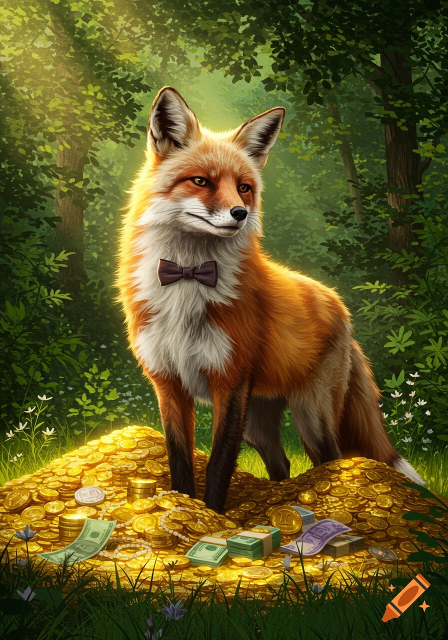 A fox in a bow tie stands on a pile of gold coins and money in a sunny forest, in a detailed digital art style.