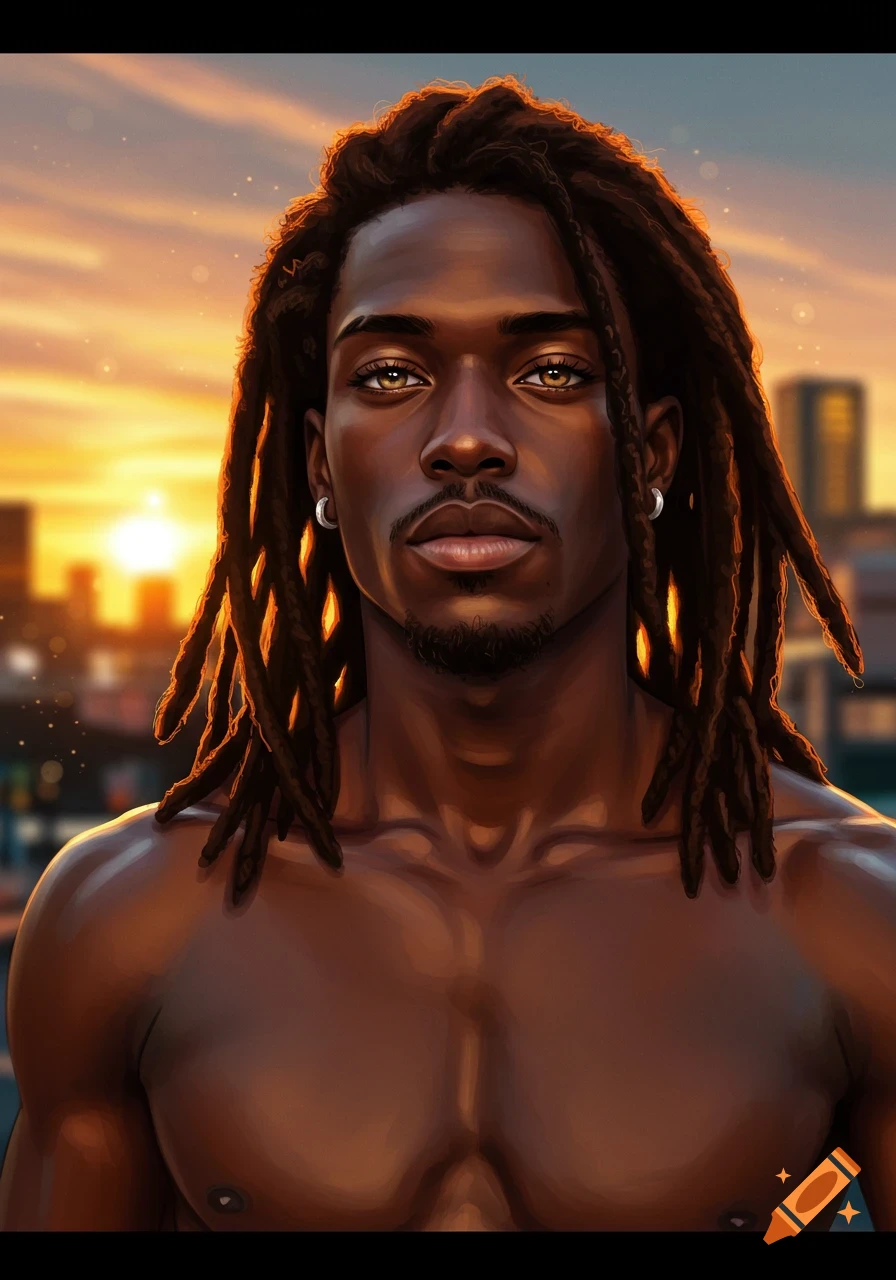 Digital art portrait of a bare-chested man with dreadlocks and light eyes, illuminated by a sunset over a city.