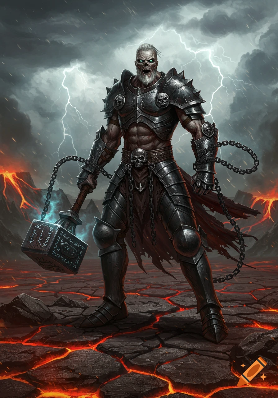 An undead warrior in dark, spiked armor and chains stands amidst a volcanic, stormy landscape, holding a glowing hammer.