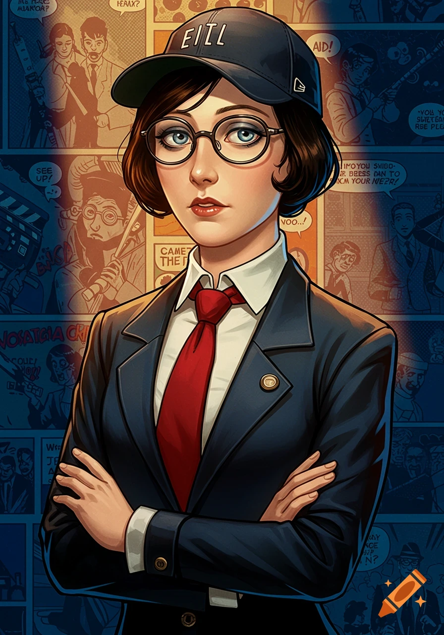 A comic art style portrait of a woman resembling Elizabeth Comstock, wearing a black baseball cap, glasses, black suit, and red tie.