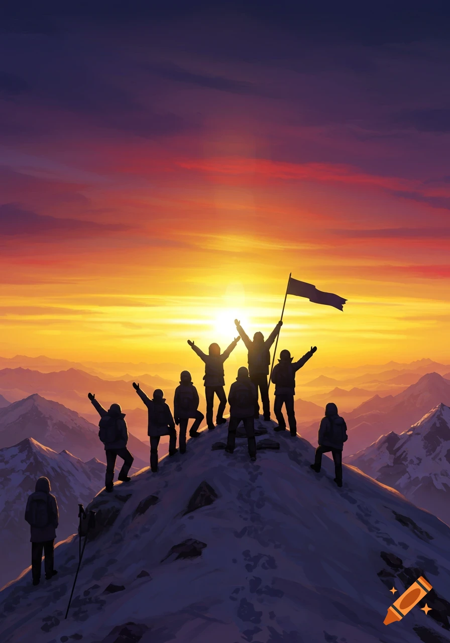Group of climbers celebrating on a snowy mountain peak at a vibrant sunset, a flag waving.