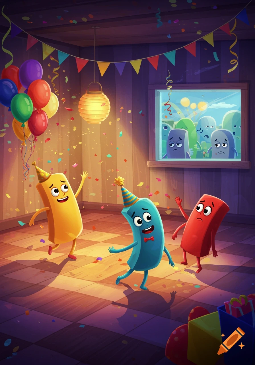 Vibrant cartoon showing three happy block characters in party hats celebrating indoors with balloons and confetti, while sad characters watch from outside a window.