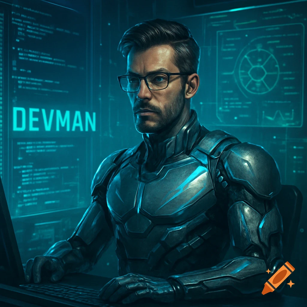 A man in futuristic armor with glasses coding on a screen that displays 'DEVMAN' in a blue, high-tech setting.