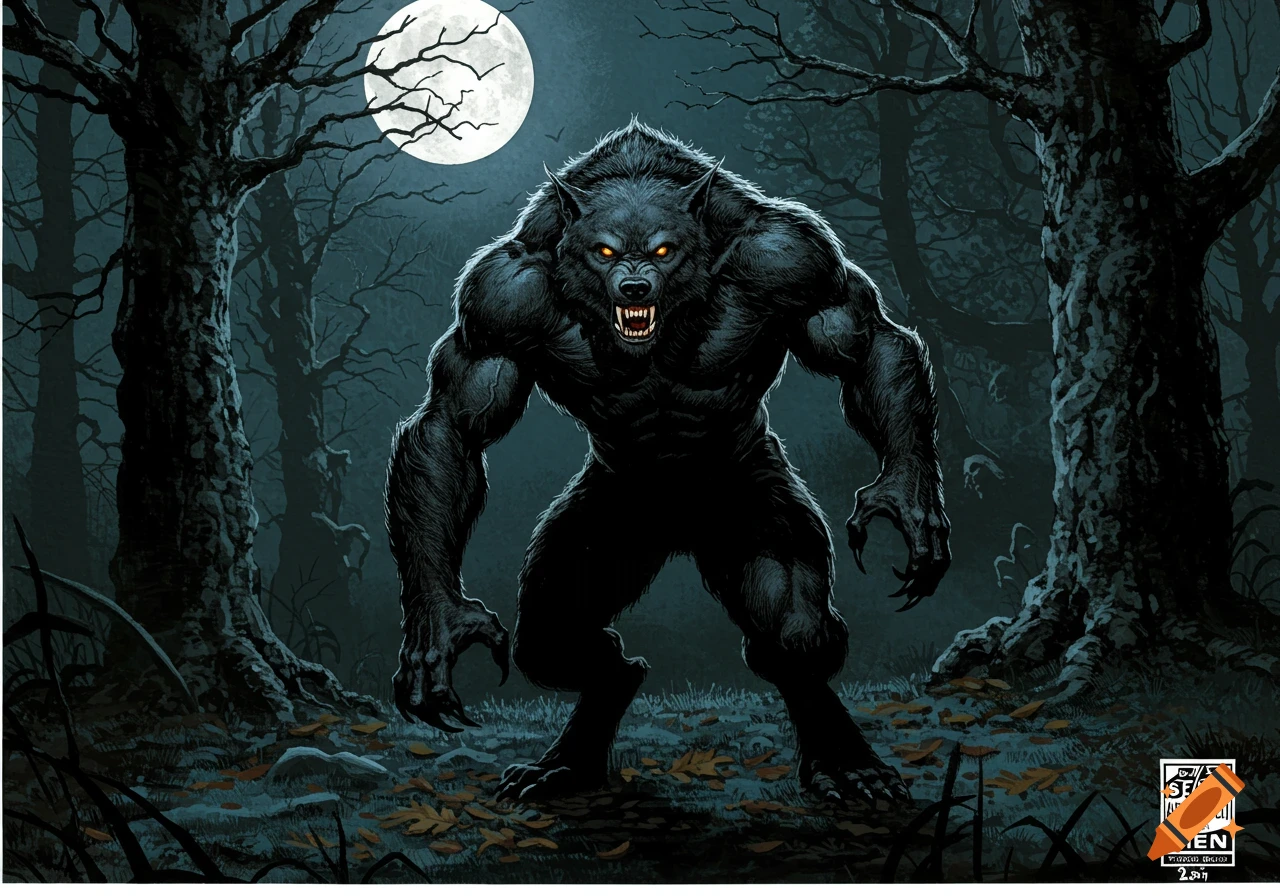 A hulking werewolf with glowing eyes and bared fangs stands in a dark forest under a full moon, in the style of Berni Wrightson.