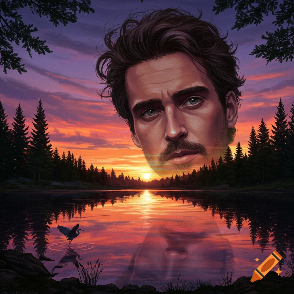 Digital art portrait of a man's face superimposed over a vibrant sunset lake and forest, his reflection in the water.