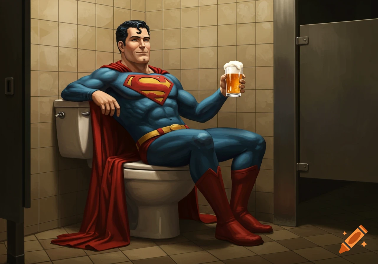 Superman relaxes on a toilet in a public restroom, holding a beer. Comic book art style.