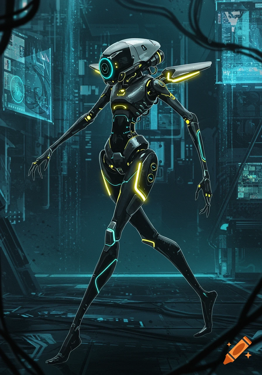 A sleek black and grey robot with glowing cyan and yellow accents, a single eye, and small wings strides through a dark futuristic city. Digital art.