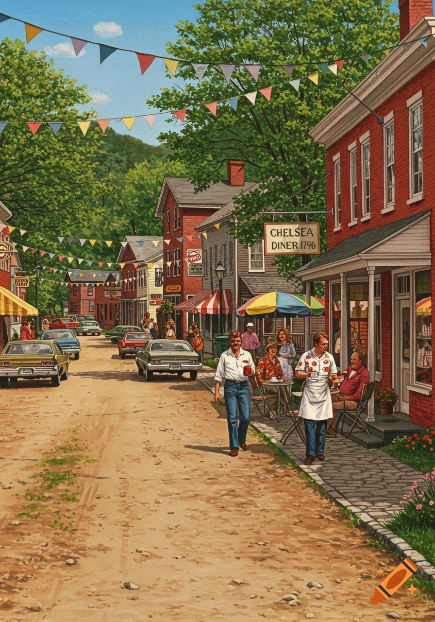 Detailed illustration of a bustling 1970s small town street with vintage cars, brick buildings, people, and colorful bunting flags.