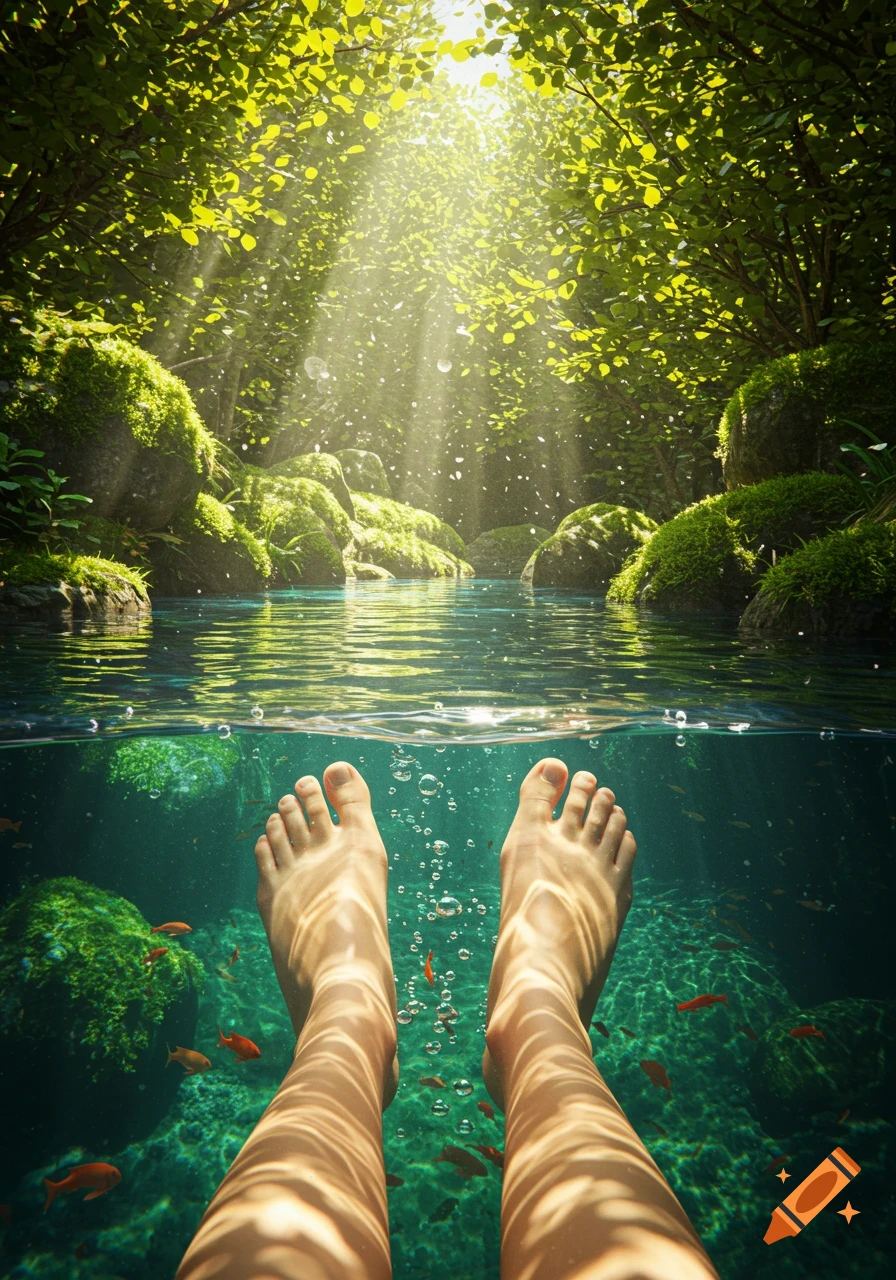 Bare feet submerged in clear green water with fish and sunlit forest canopy above, photorealistic.