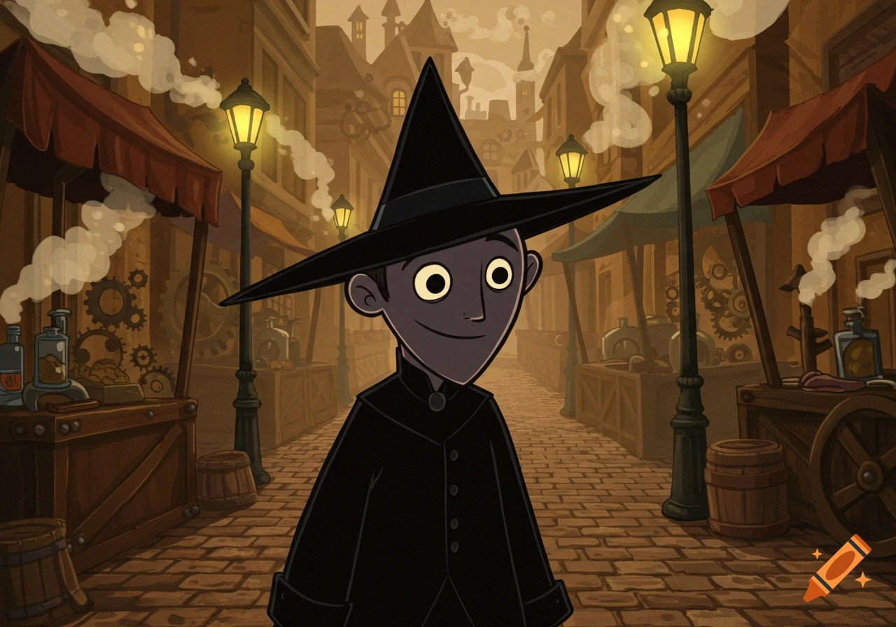 A cartoon boy in dark clothes and a wide triangular hat smiles in a bustling steampunk market street.