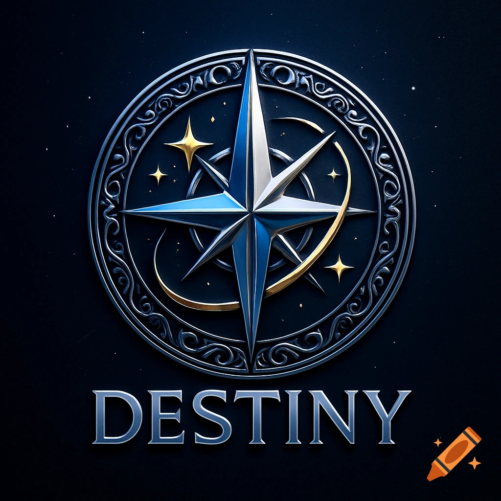 A metallic compass rose emblem with blue and gold accents, against a starry dark background, with the word DESTINY below it.