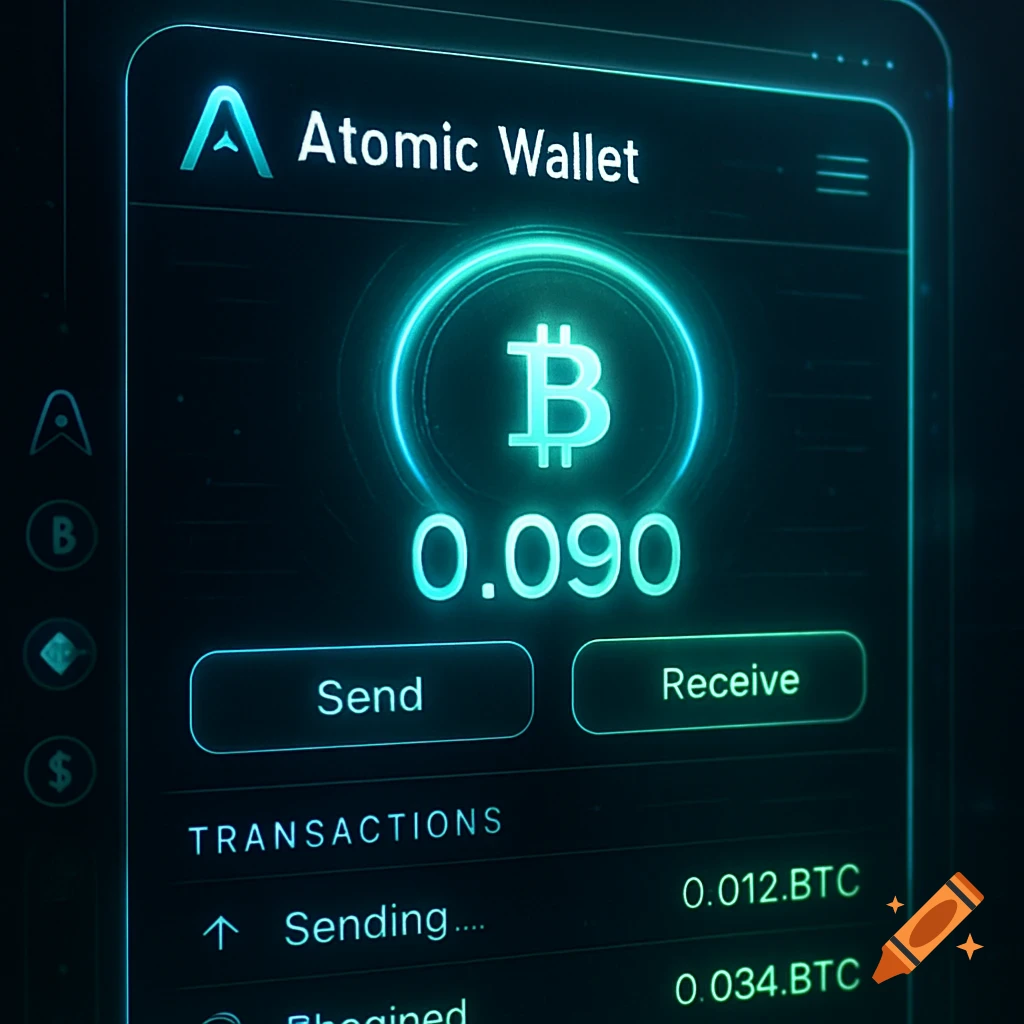 A close-up of a glowing digital screen displaying an 'Atomic Wallet' cryptocurrency interface with '0.090' Bitcoin.