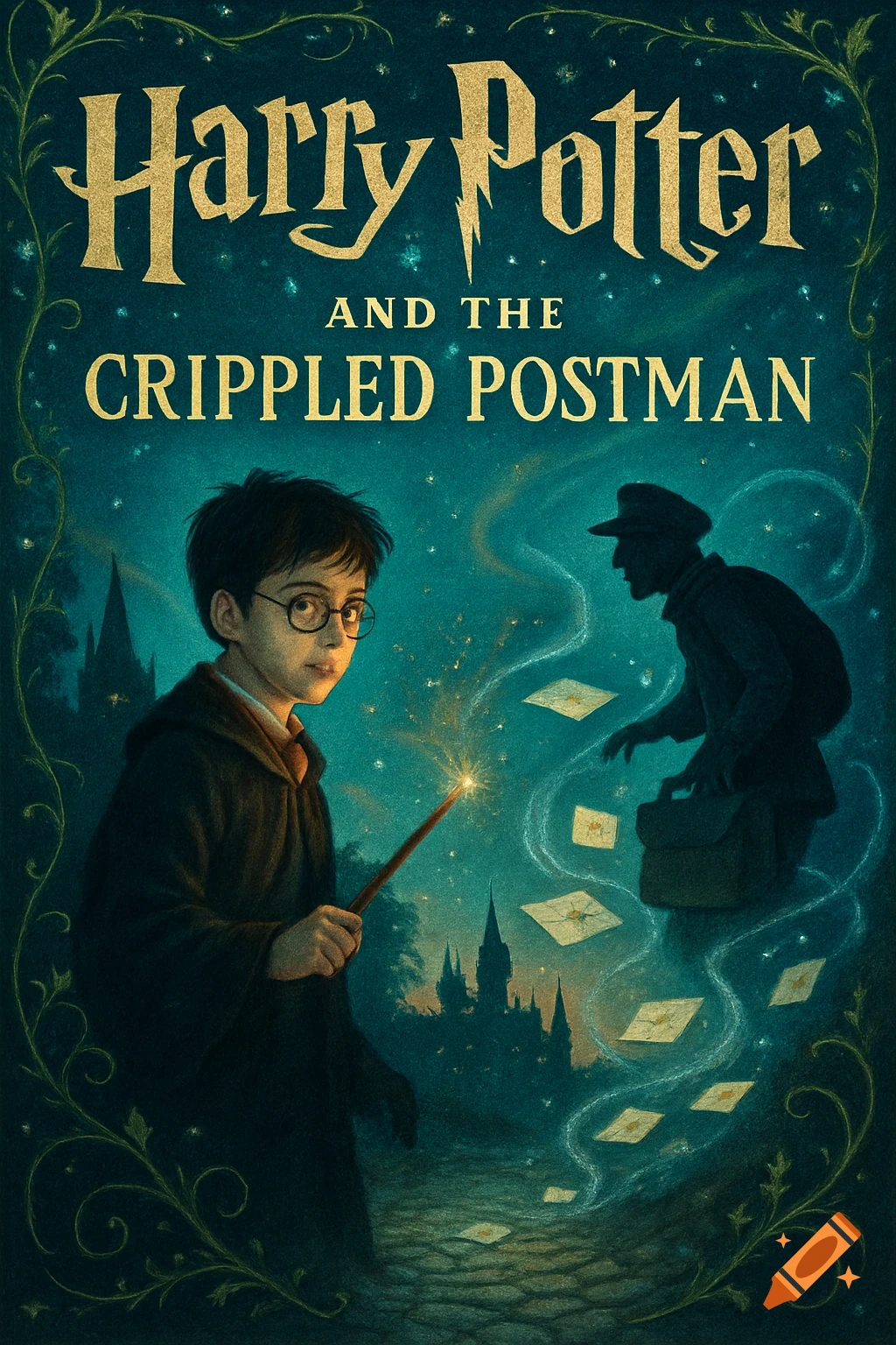 Illustrated book cover for 'Harry Potter and the Crippled Postman' with Harry Potter holding a glowing wand and a silhouetted postman among floating magical letters, against a dark castle.