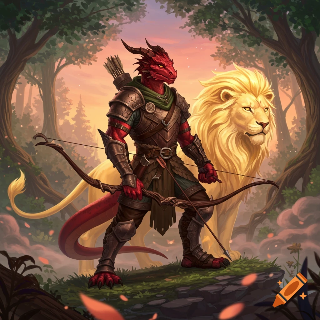 Red dragonborn ranger archer stands with a golden lion in a vibrant forest at sunset, digital art.