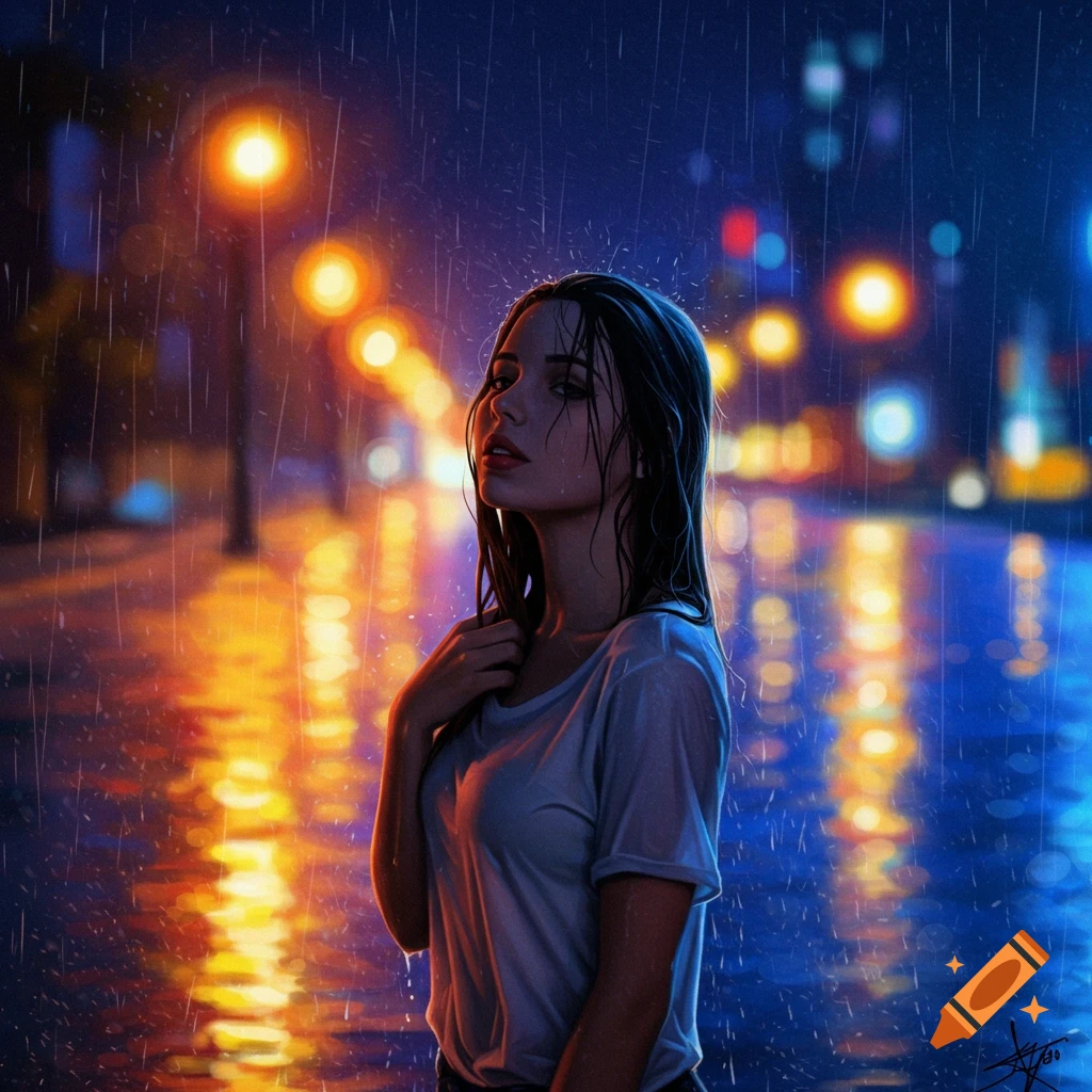 A woman with wet hair and a wet t-shirt stands in the rain at night, with blurred city lights reflecting on the wet ground in a painterly style.