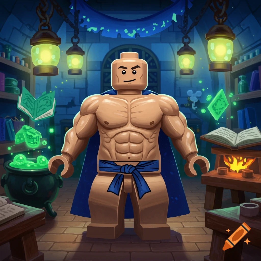 A muscular Lego wizard with a blue cape and sash stands in a magical, dimly lit library with glowing books and a bubbling cauldron.
