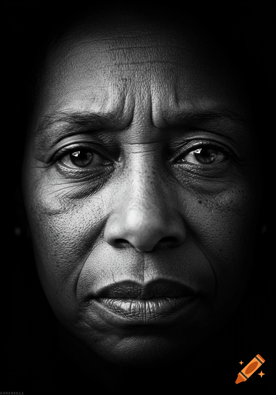 Photorealistic black and white close-up portrait of an older person's face with deep wrinkles and a weary expression.