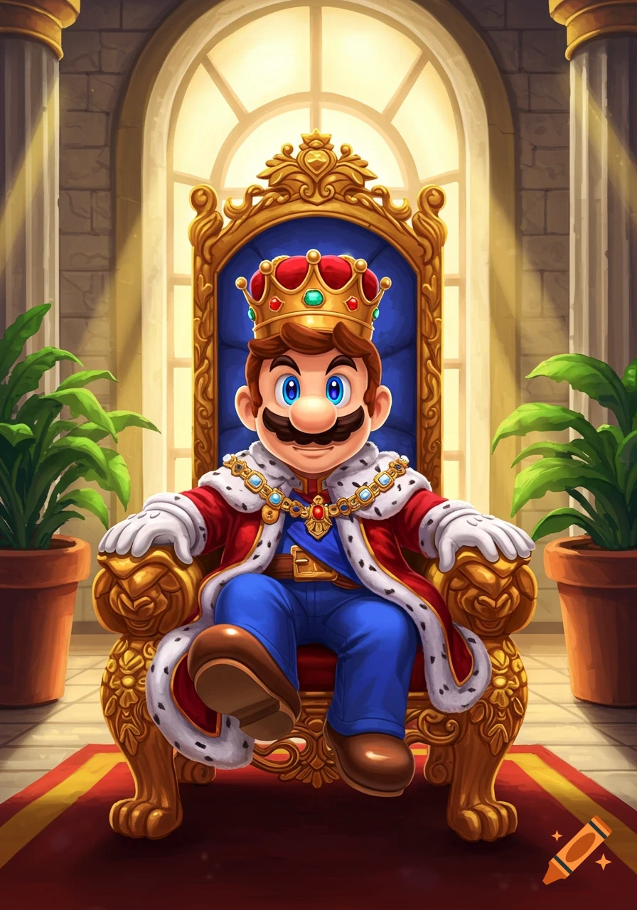Stylized illustration of Mario dressed as a king, sitting majestically on a golden throne in a regal hall.