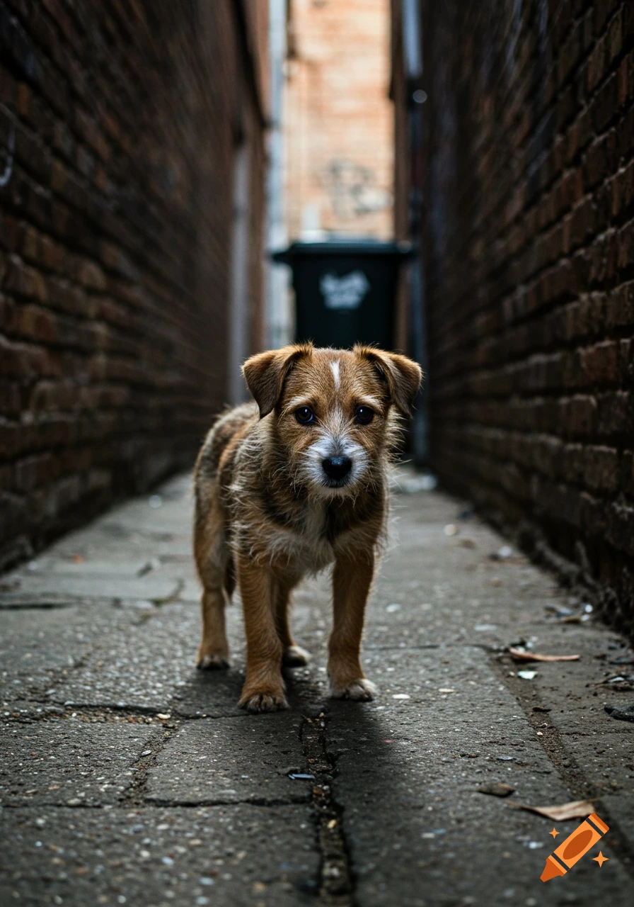 A small, scruffy brown and white dog stands in a dark brick alleyway, looking directly at the camera.