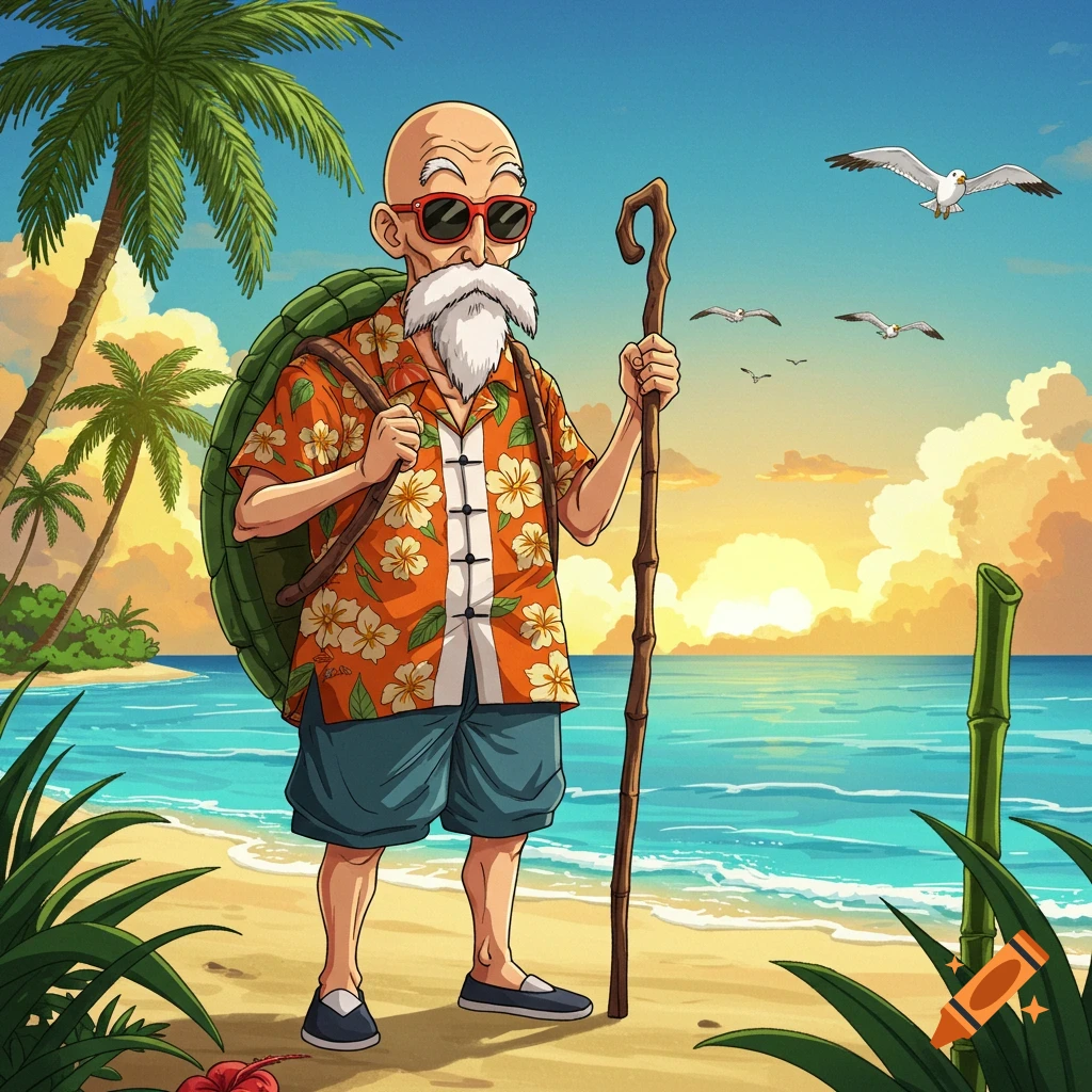 Cartoon Master Roshi with a turtle shell backpack and staff on a tropical beach at sunset, wearing a Hawaiian shirt and sunglasses.