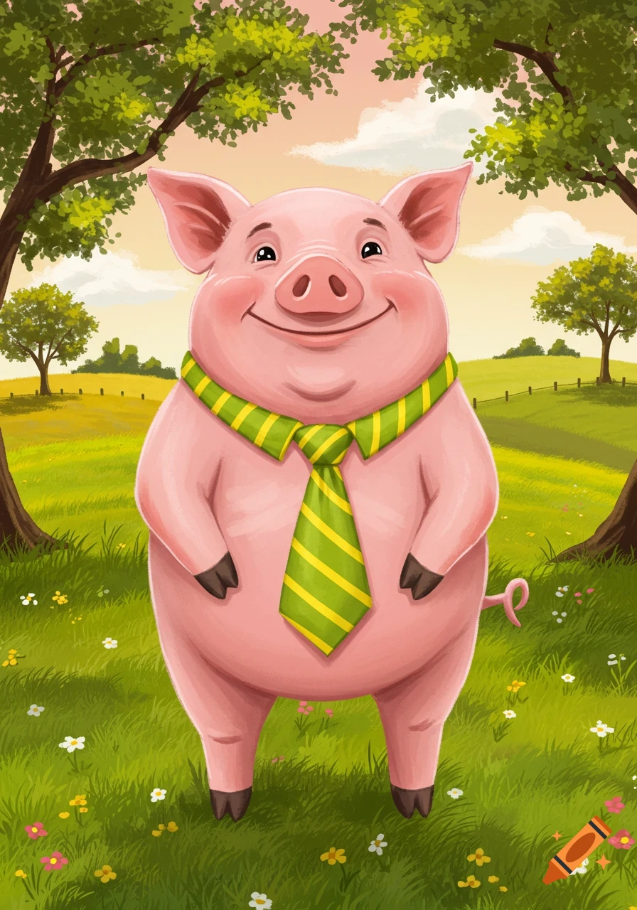 A smiling cartoon pig wearing a green and yellow striped tie stands in a grassy field with trees and a bright sky.