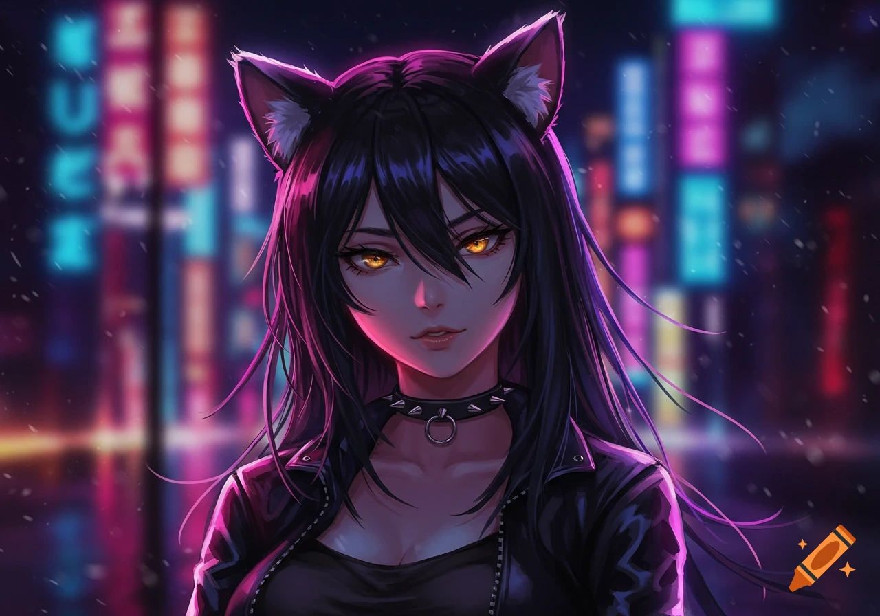Anime girl with black hair, golden eyes, cat ears, and a studded choker in a neon city.