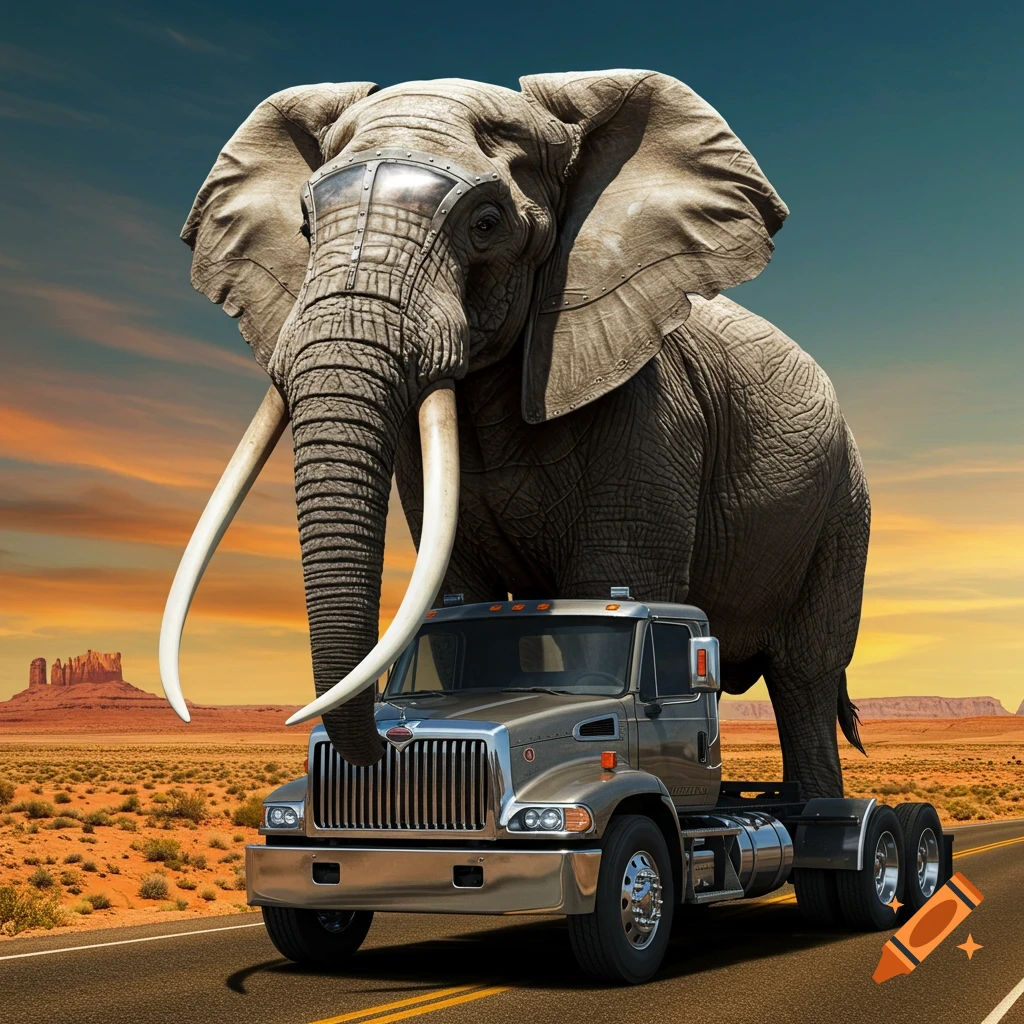 A giant elephant with a metallic headpiece, its body fused with the back of a semi-truck, drives on a desert road at sunset.