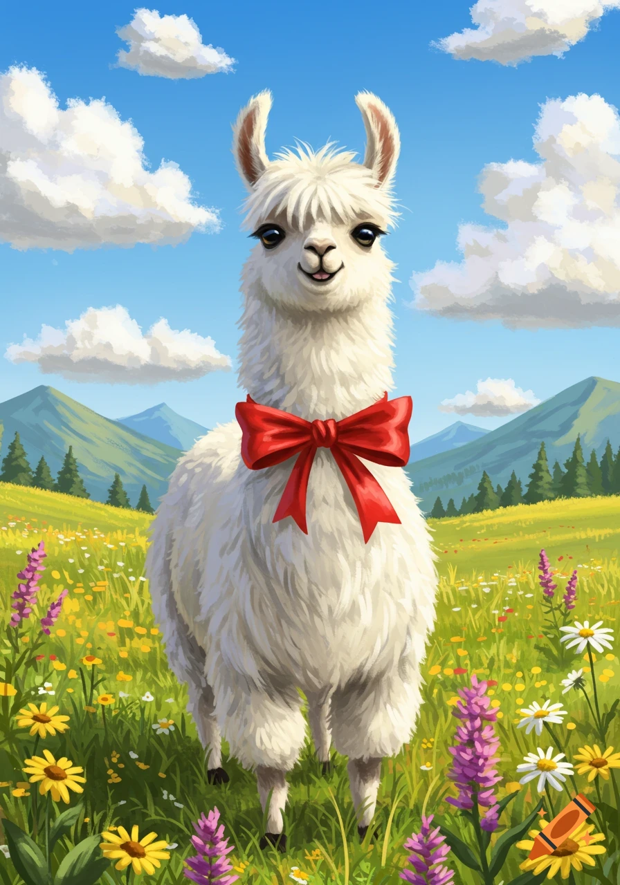 A cute white llama with a red bow stands in a vibrant green meadow filled with colorful wildflowers under a blue sky with clouds. Illustration.