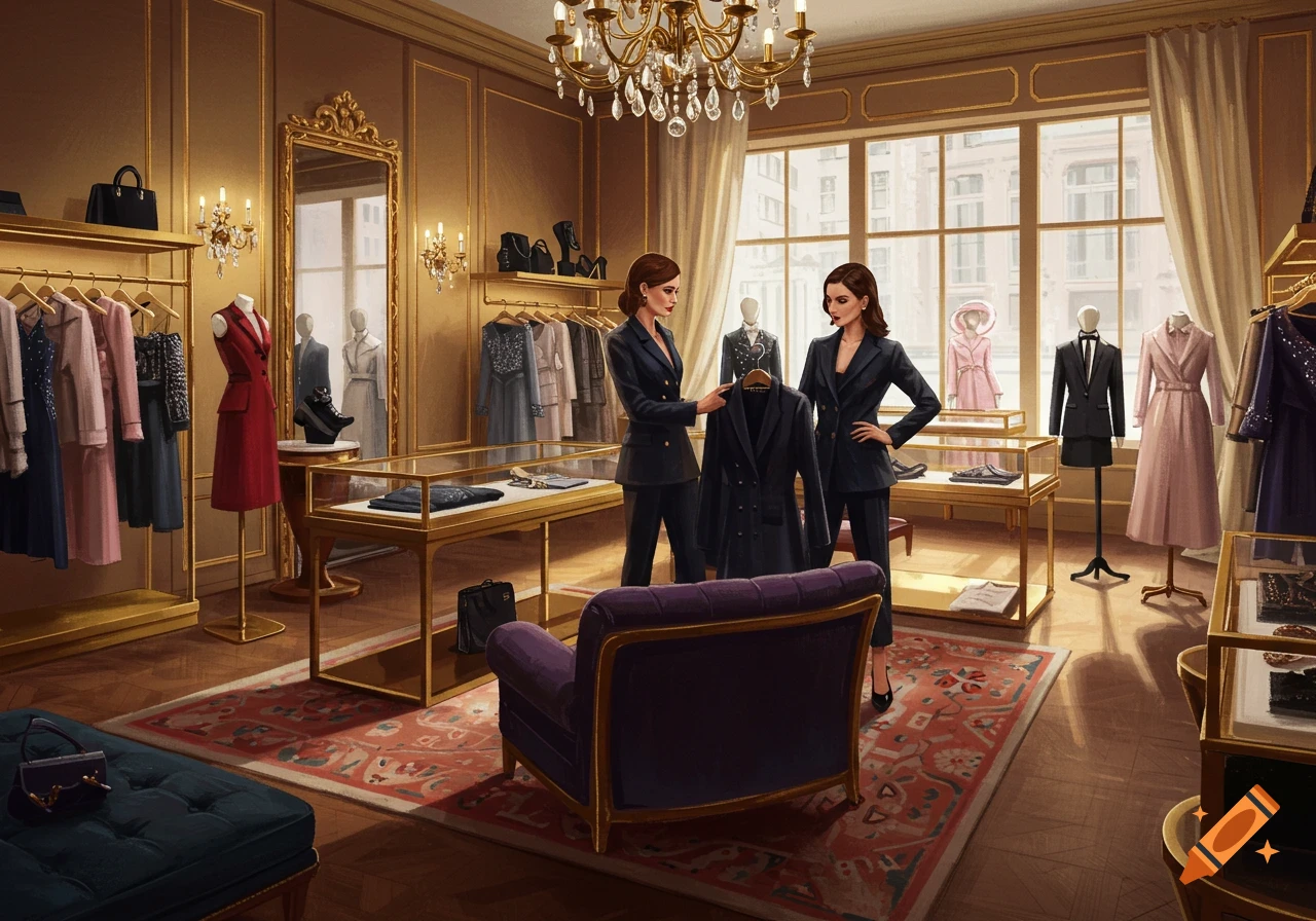 Two women in a luxurious gold and wood clothing store, one holding up a dark coat, surrounded by mannequins and fashion displays.