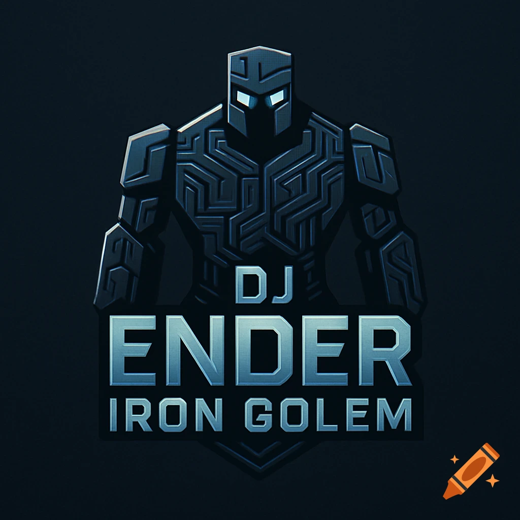Stylized logo featuring a dark, blocky robot golem with glowing blue eyes, above text reading 'DJ ENDER IRON GOLEM'.