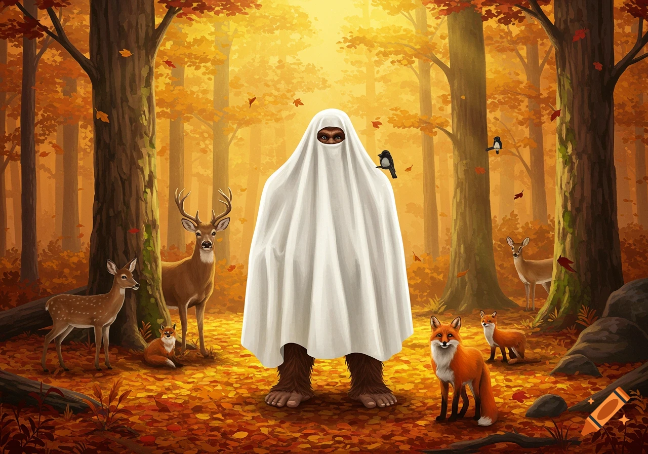 An illustration of a Bigfoot wearing a white ghost sheet, standing in a vibrant autumn forest with deer, foxes, and birds around.