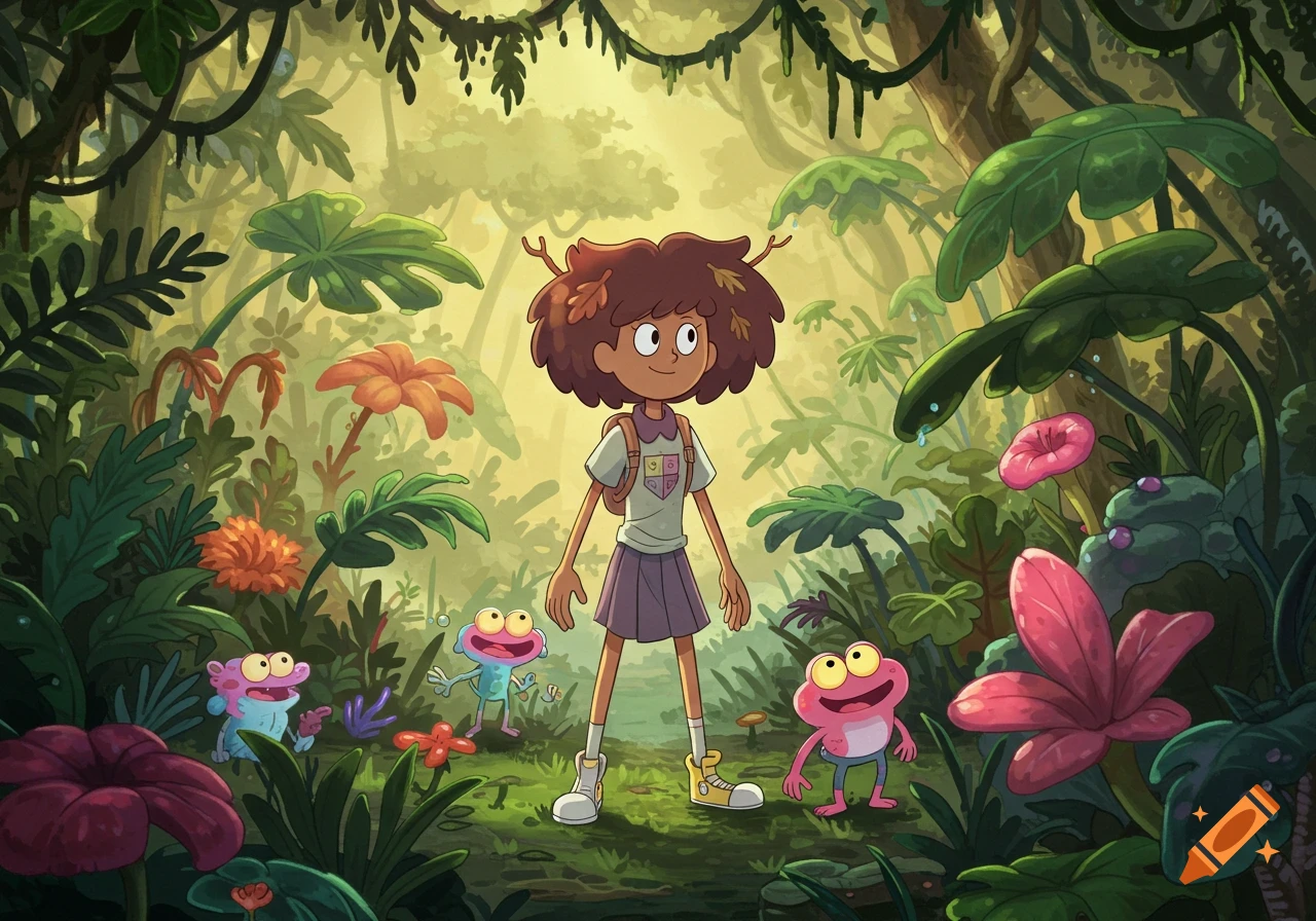 Cartoon girl Anne Boonchuy with three frogs in a vibrant, lush jungle.