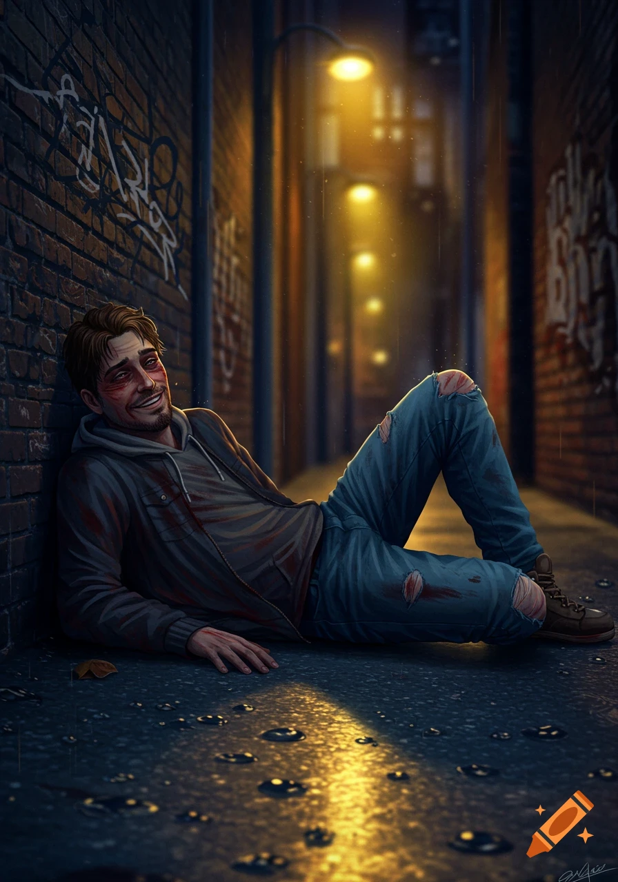 An injured man with bruises and bloodstains smiles while lying on the wet ground in a dark, graffiti-covered alley illuminated by streetlights. Illustrated.