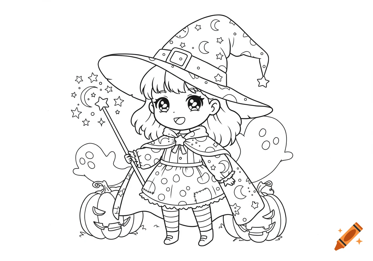 Cute cartoon witch with a pointy hat, holding a magic wand, standing with two jack-o'-lanterns and two ghosts. Line art for a coloring book.