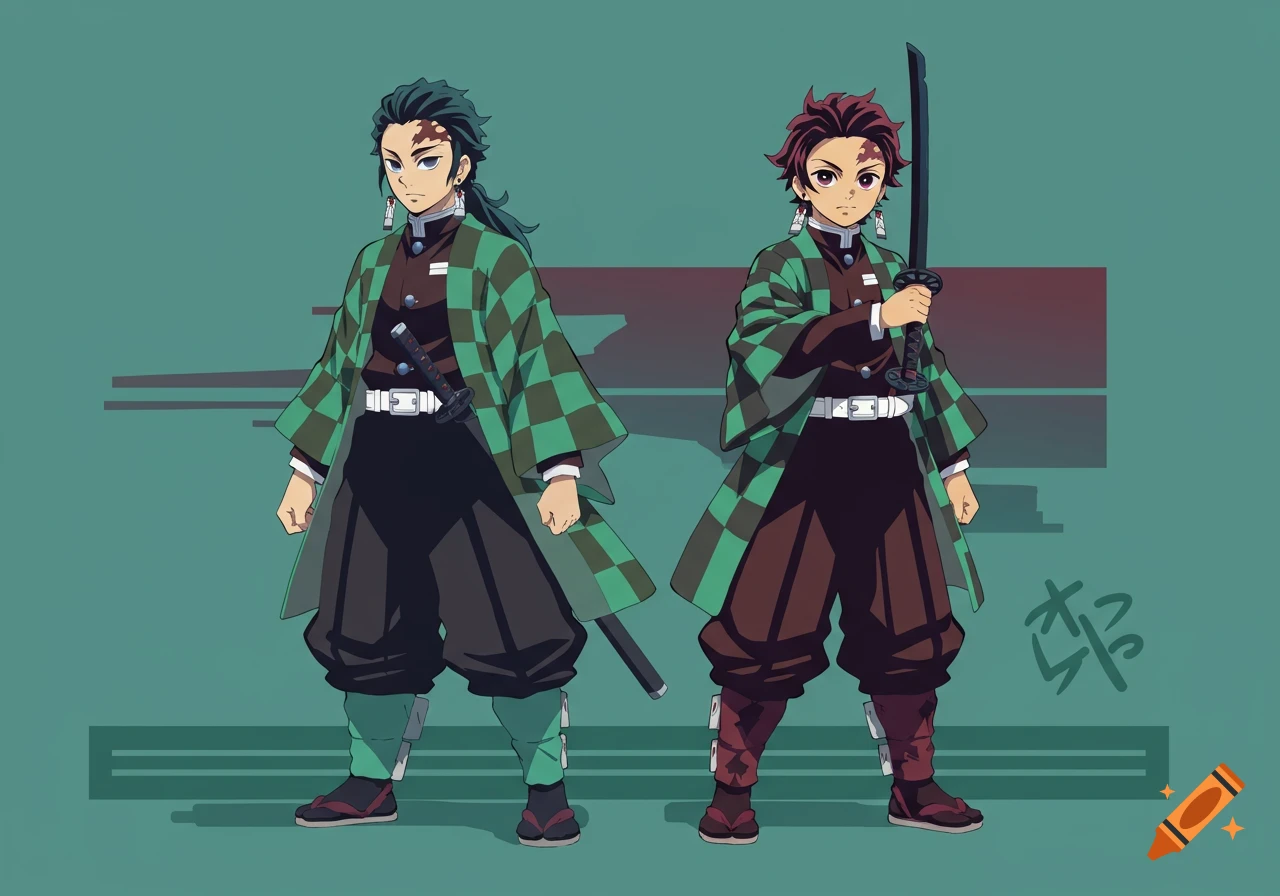 Two anime characters in traditional outfits with swords, standing against a teal background.