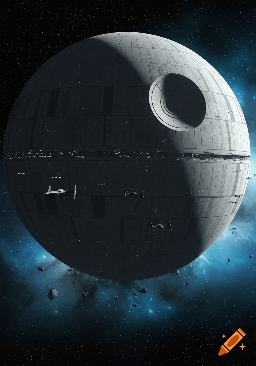 Photorealistic depiction of the Death Star and TIE fighters in deep space with a blue nebula.