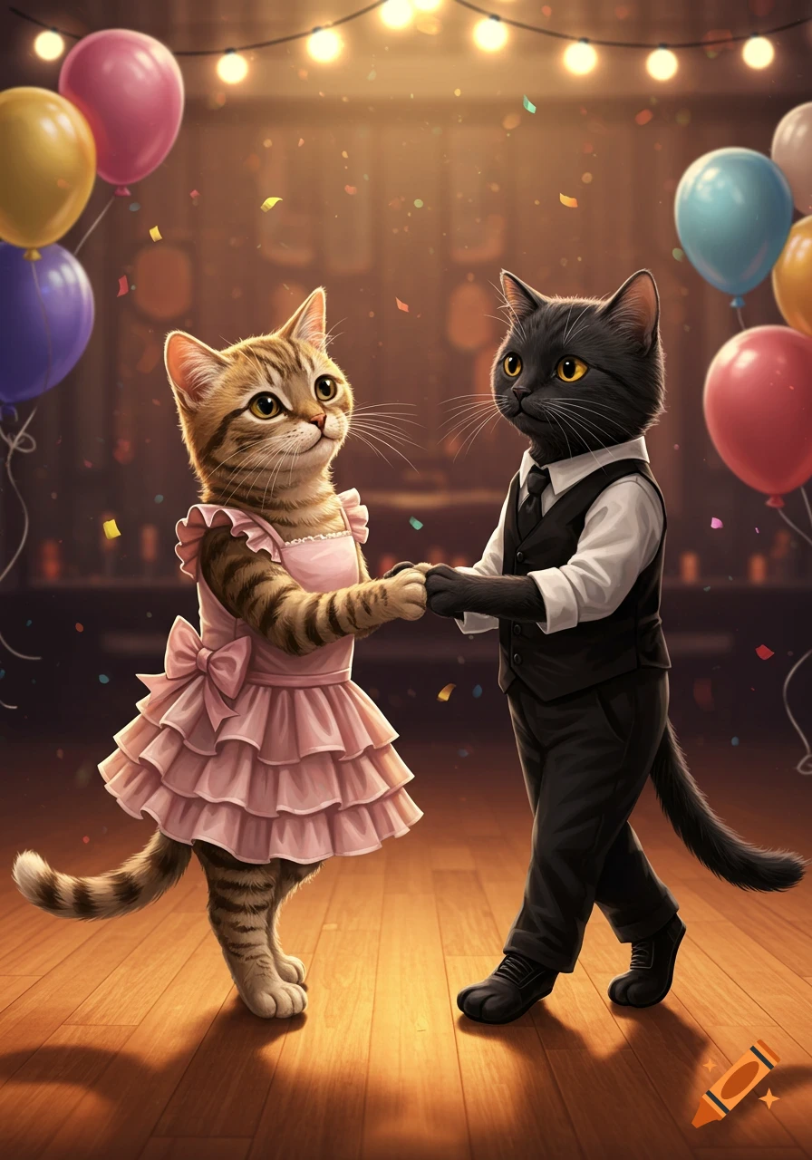 An anthropomorphic tabby cat in a pink dress and a black cat in a suit dance at a festive party with balloons and confetti.