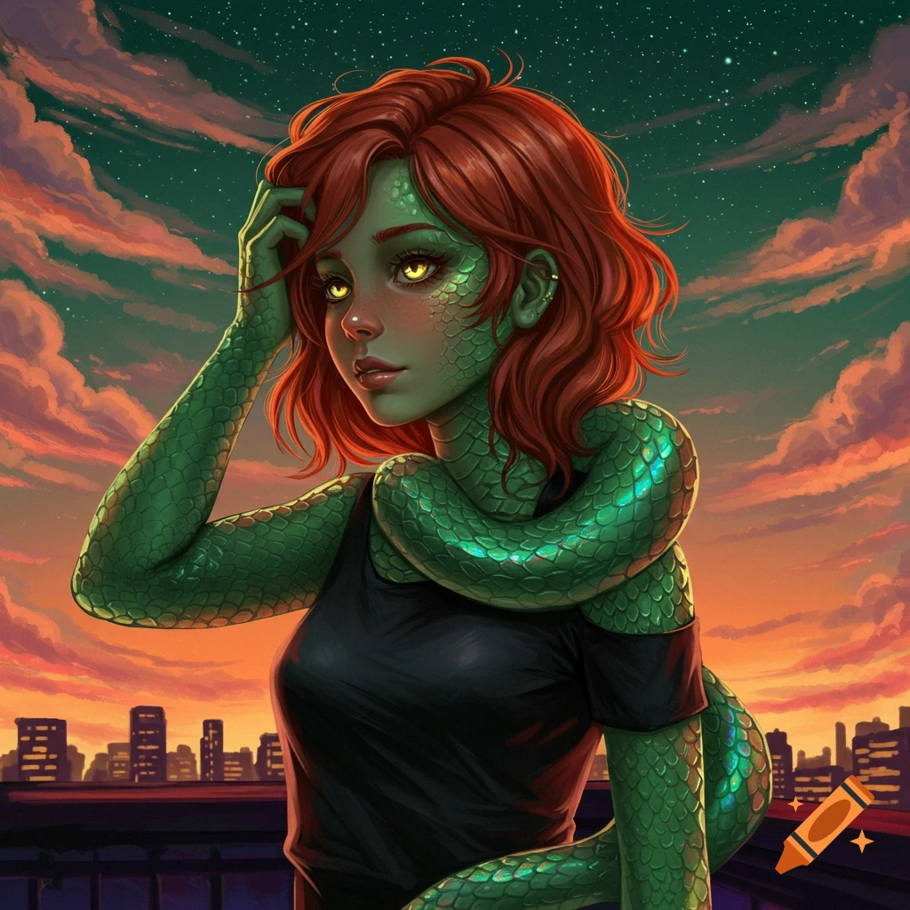 An anime-style illustration of a reptilian woman with green scales, red hair, and yellow eyes, against a sunset city skyline.